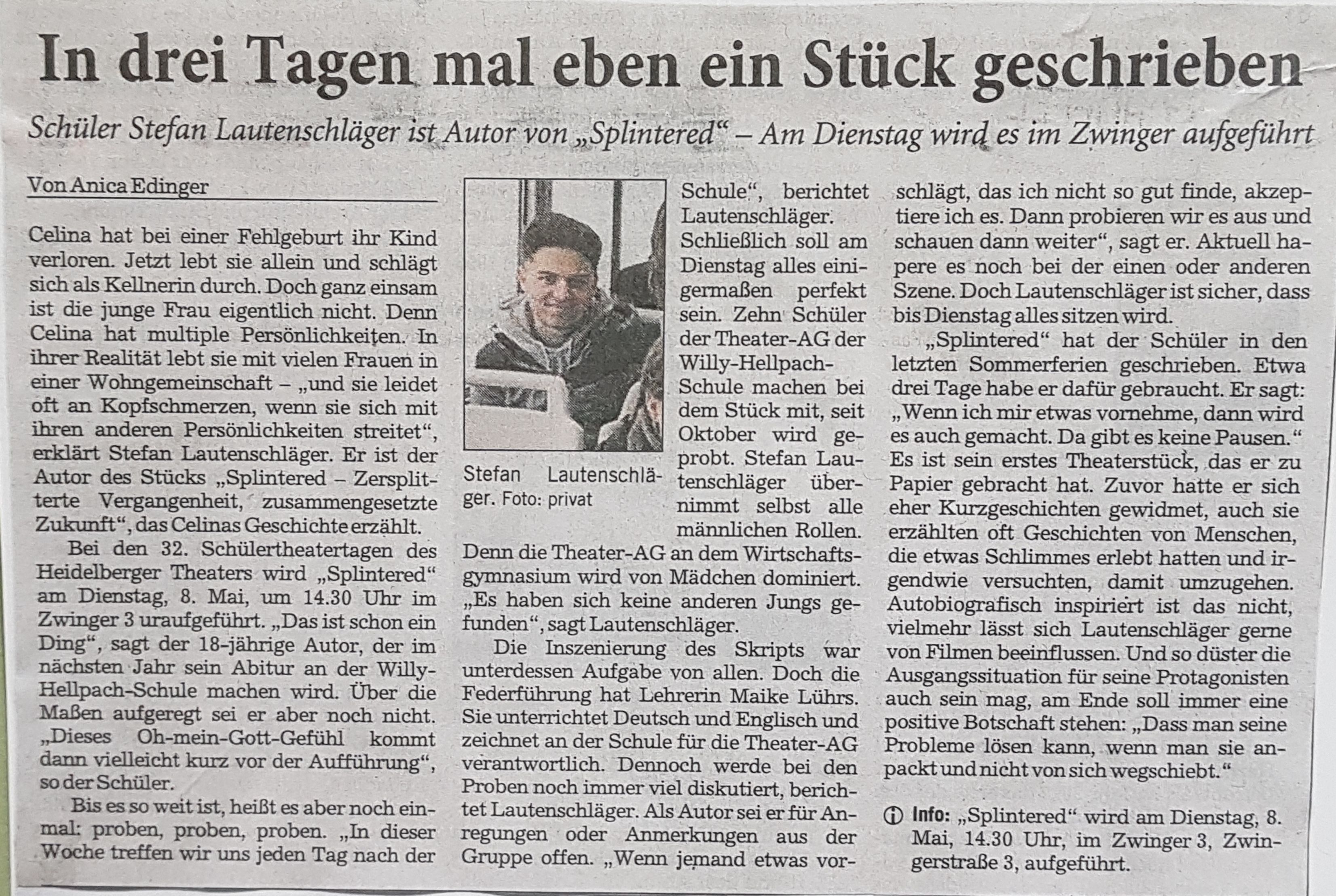 Artikel aus der RNZ vom 3. Mai 2018, Autorin Anica Edinger